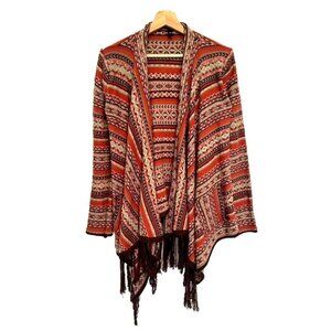 ELAN Open Front‎ Cardigan Boho Sweater Fair Isle Knit Long Sleeve Fringe Size S